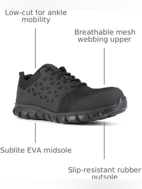 Reebok Cushion Work Men's All-Black Mesh Athletic Work Shoe Comp Toe Size 11.5M